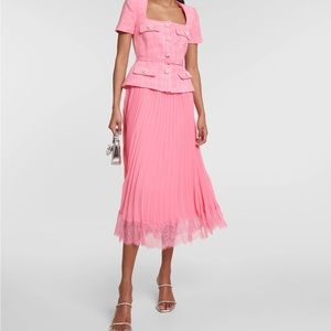 Self Portrait embellished lace-trimmed pleated chiffon and bouclé midi dress